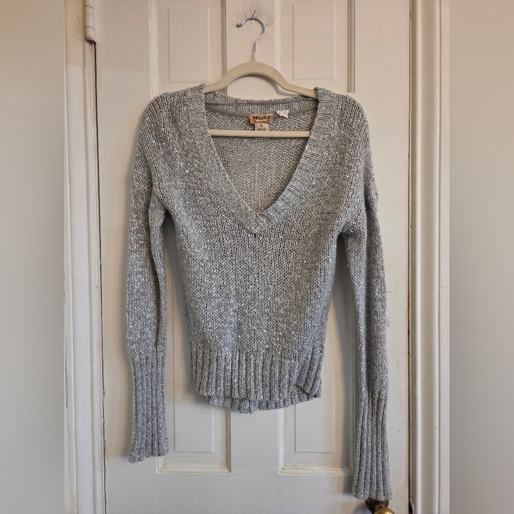 Mudd Silver Gray Sparkly V-Neck Sweater